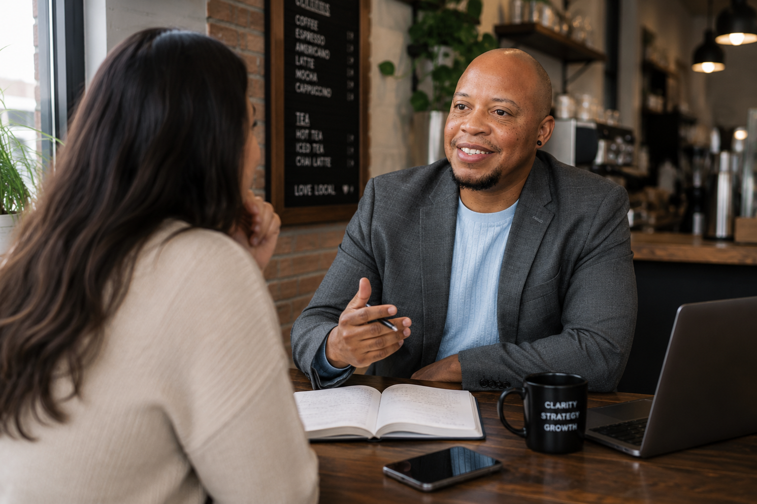 Austin at coffee with client